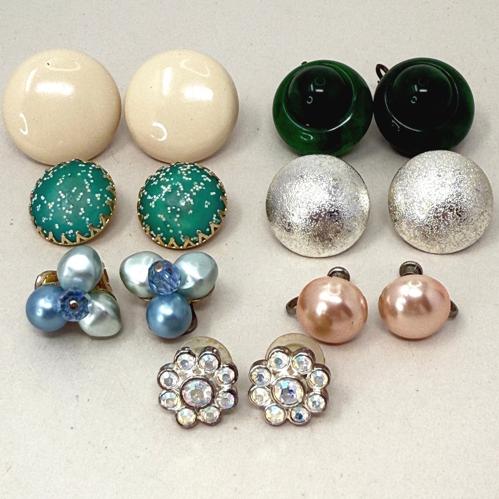 Lot 7 Pairs Vintage Earrings Monet Crown Trifari Germany Hong Kong Faux Pearl AB